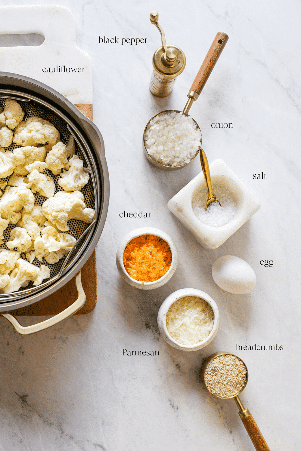 overhead view of the ingredients to make cauliflower tots