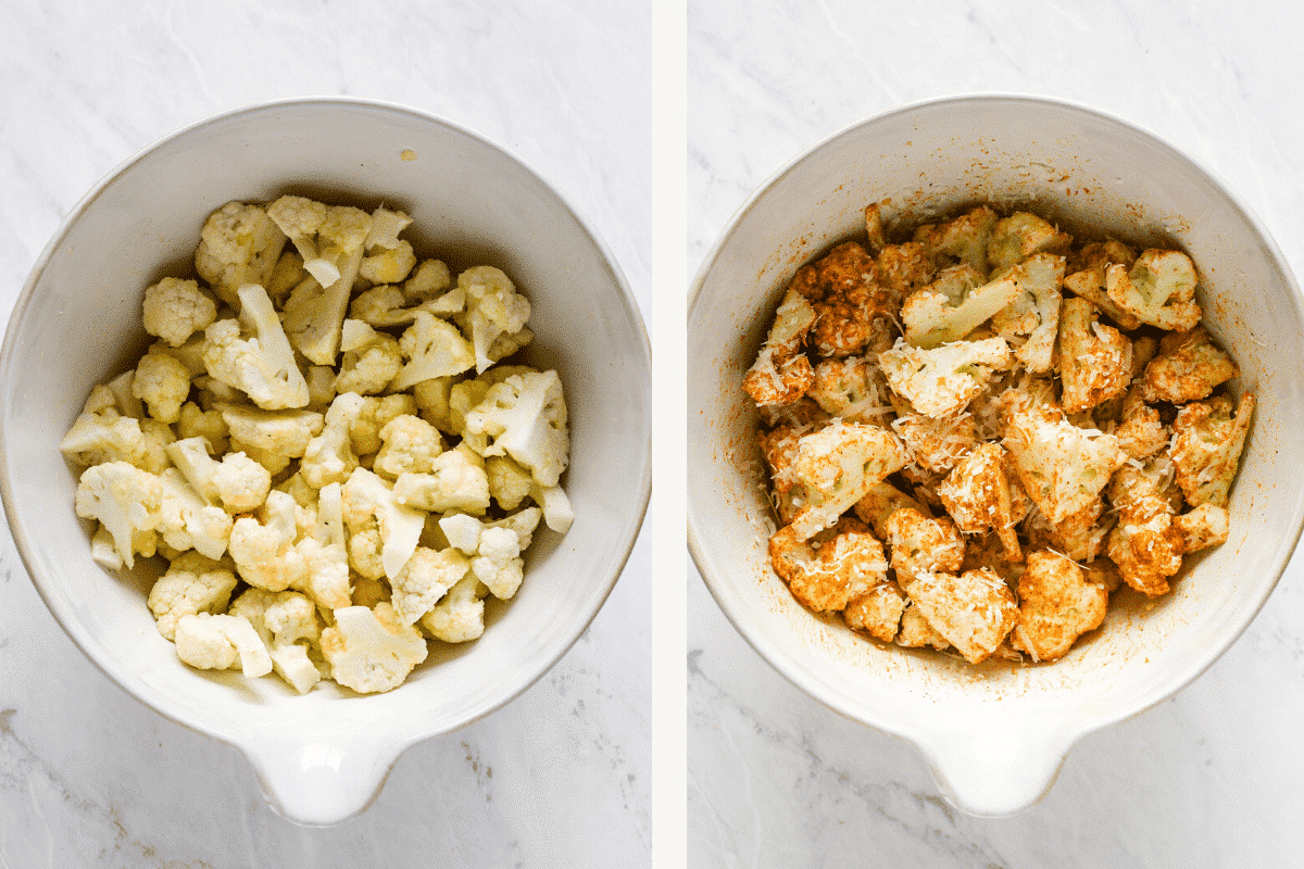 two photos side by side of cauliflower in a bowl