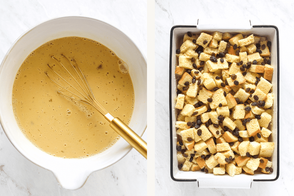 Left: whisking egg mixture. Right: brioche cubes and raisins in a casserole dish.