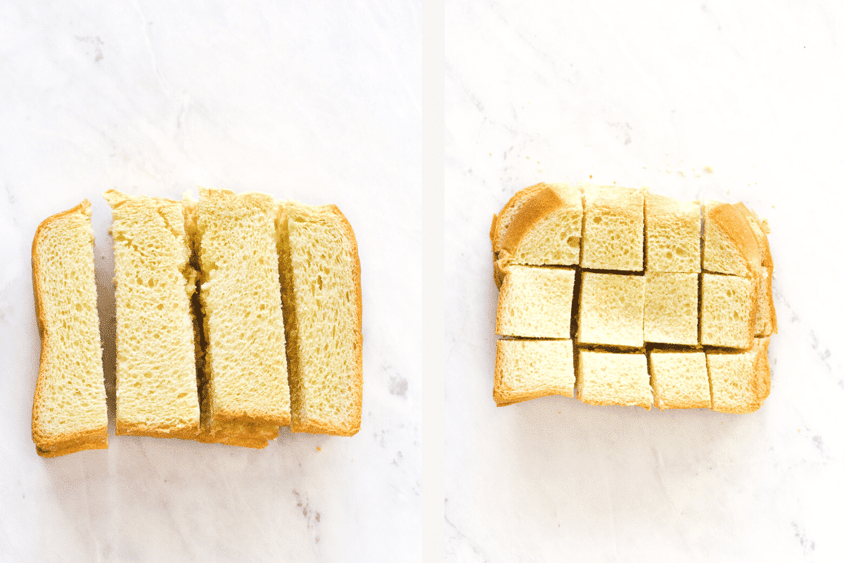 Left: brioche bread cut into strips. Right: brioche bread cut into cubes.
