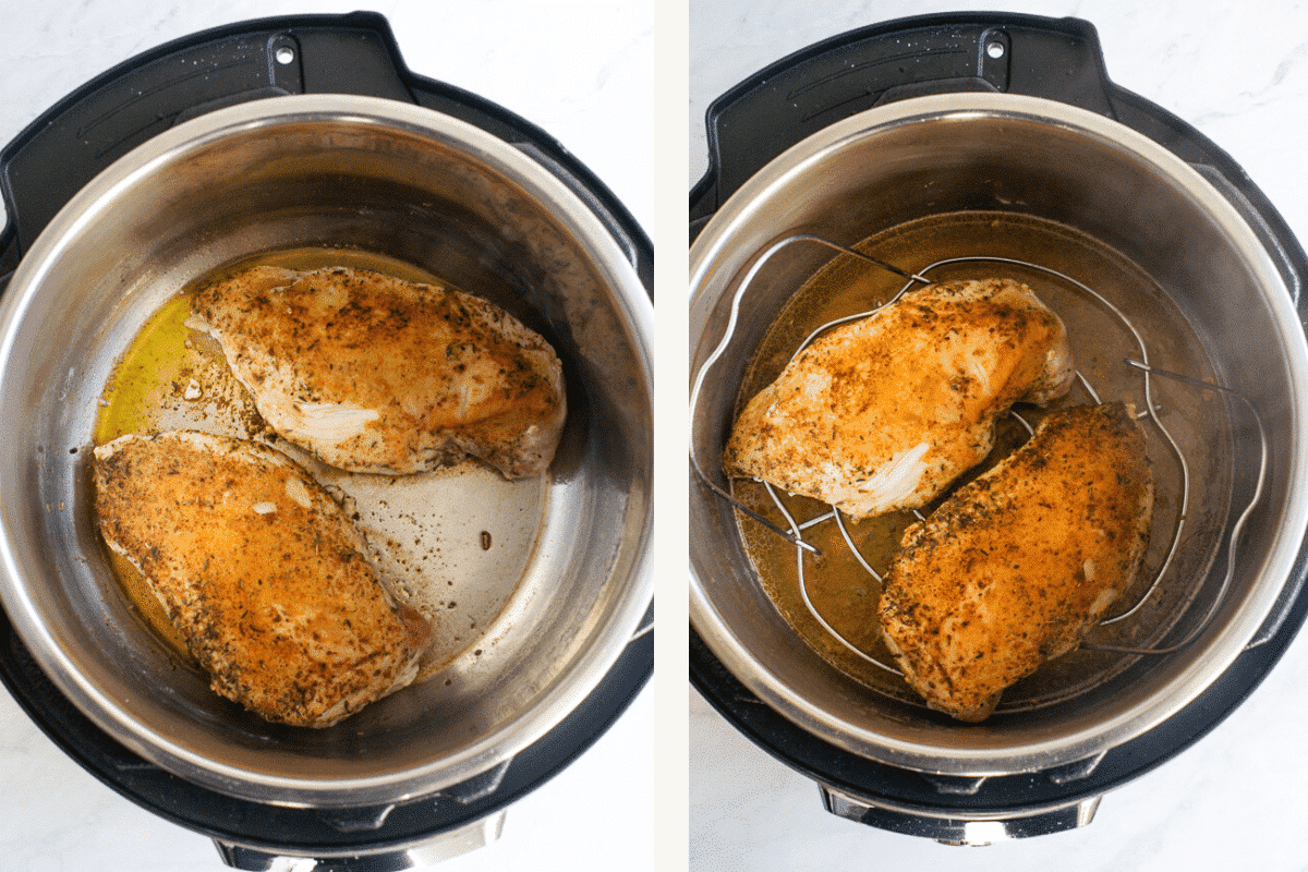 Left: searing chicken. Right: chicken on wire rack inside instant pot. 