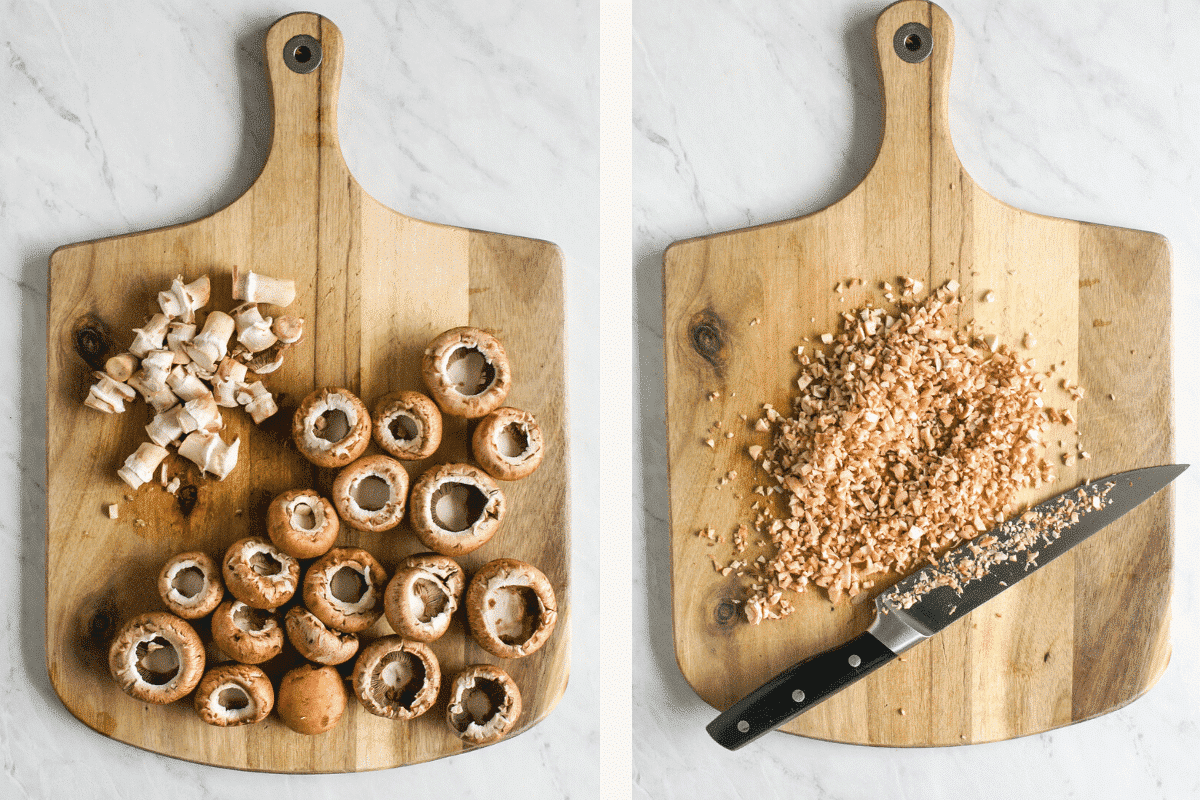 side by side photo of mushroom on a cutting board