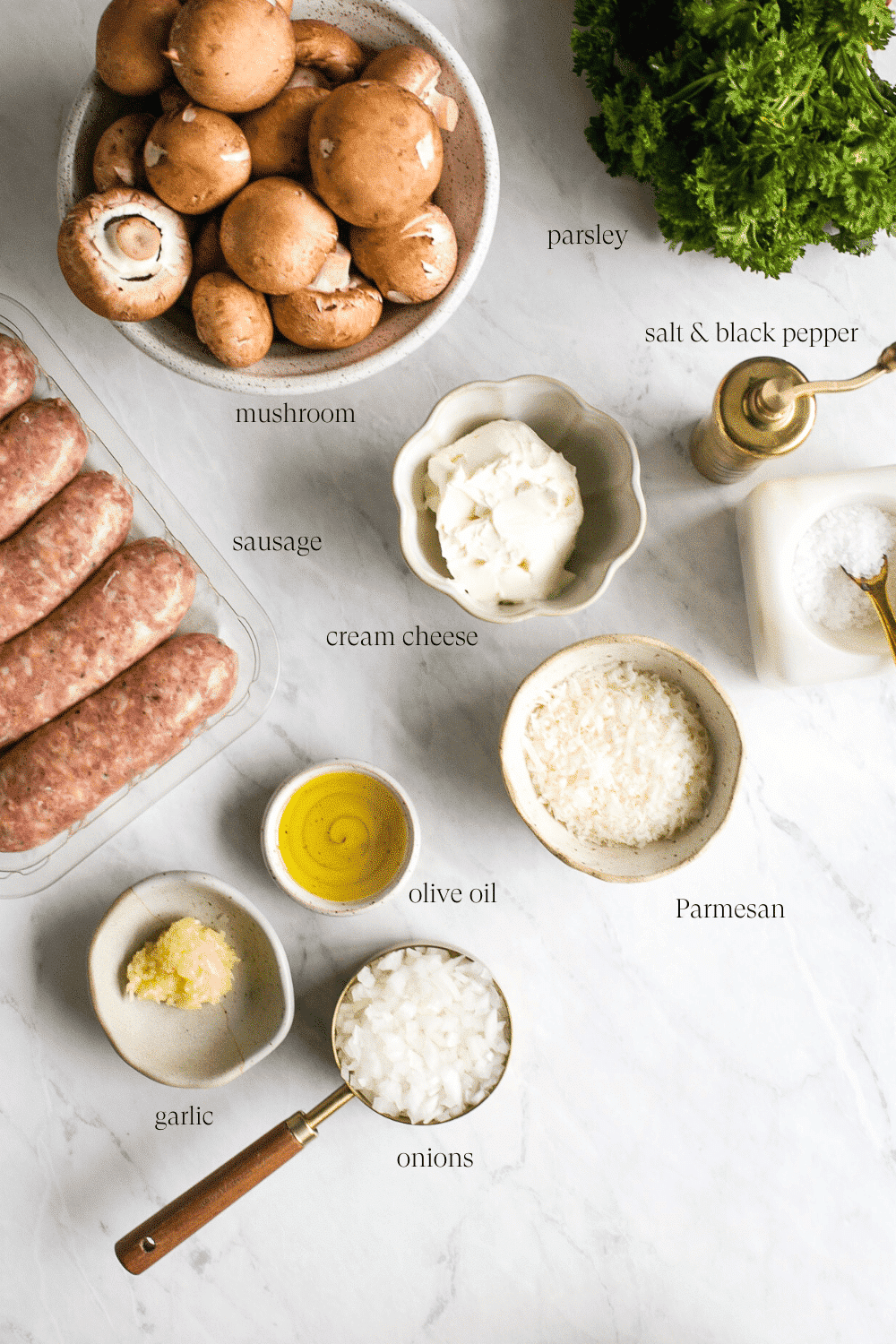 overhead view of the ingredients to make Sausage Stuffed Mushroom