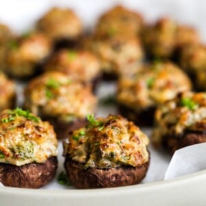 closeup of sausage stuffed mushroom.