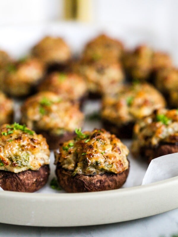 closeup of sausage stuffed mushroom.