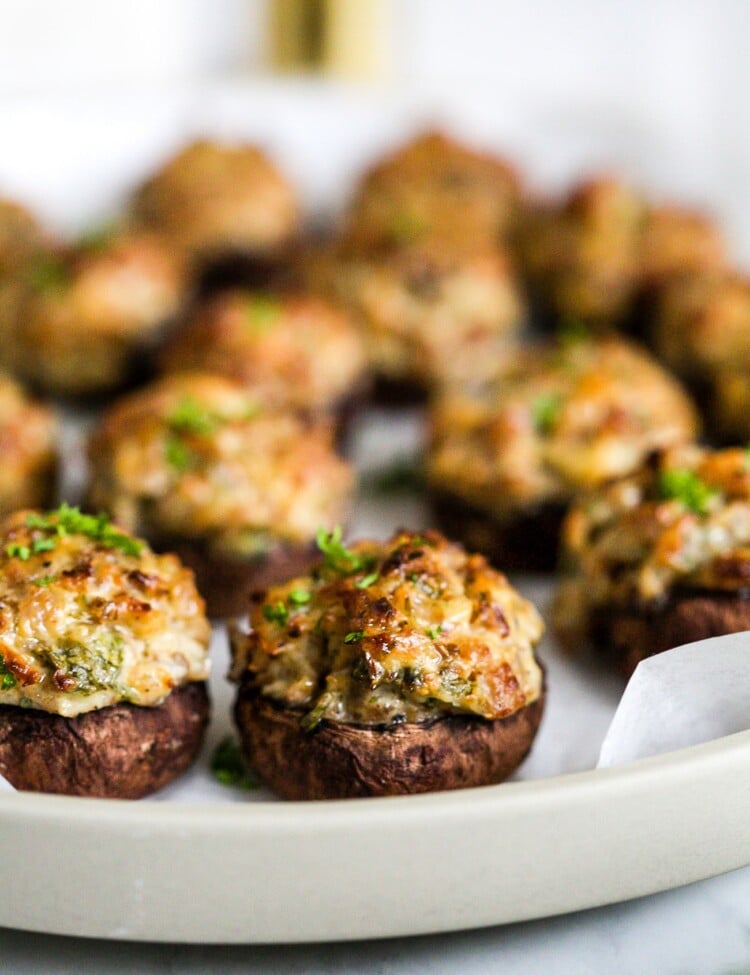 closeup of sausage stuffed mushroom.