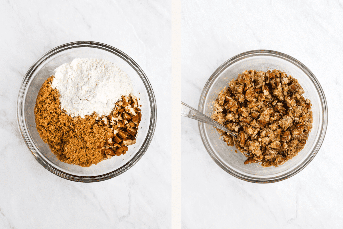 photo side by side of the topping ingredients in a bowl 