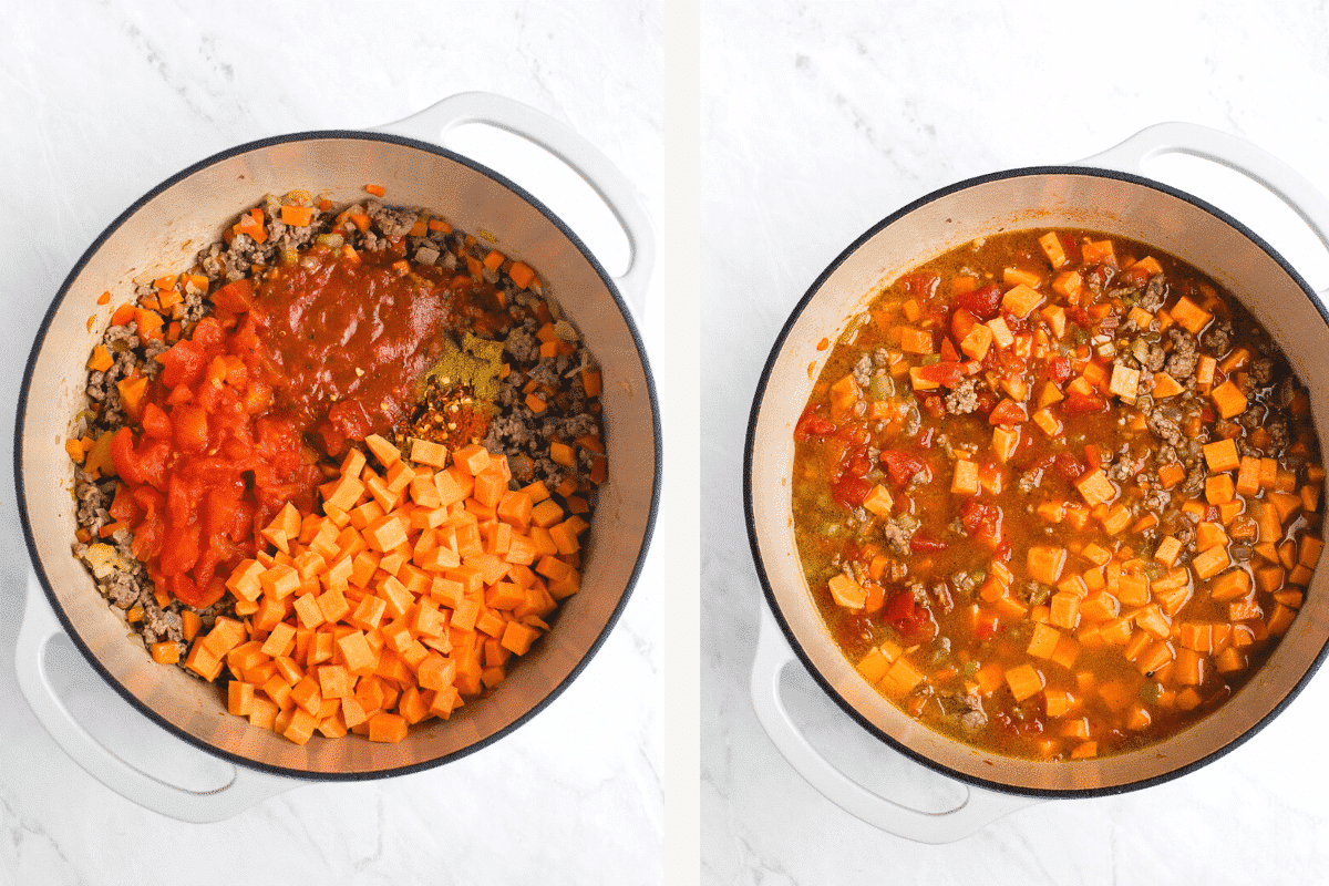 left: potato, tomato and seasonings added to pot. right: broth added to pot. 