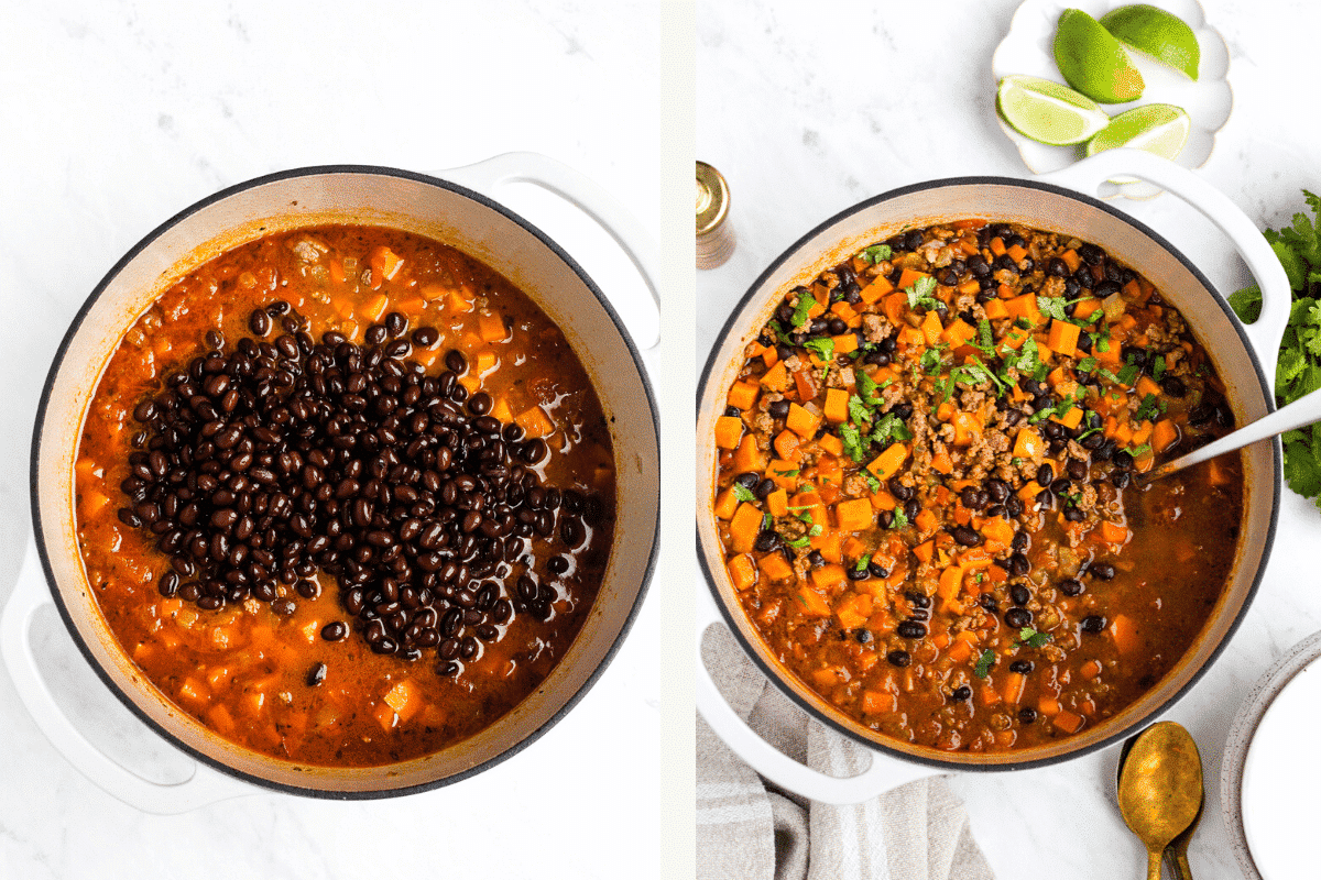 left: beans added. right: beans stirred into chili, chopped fresh cilantro garnish added.