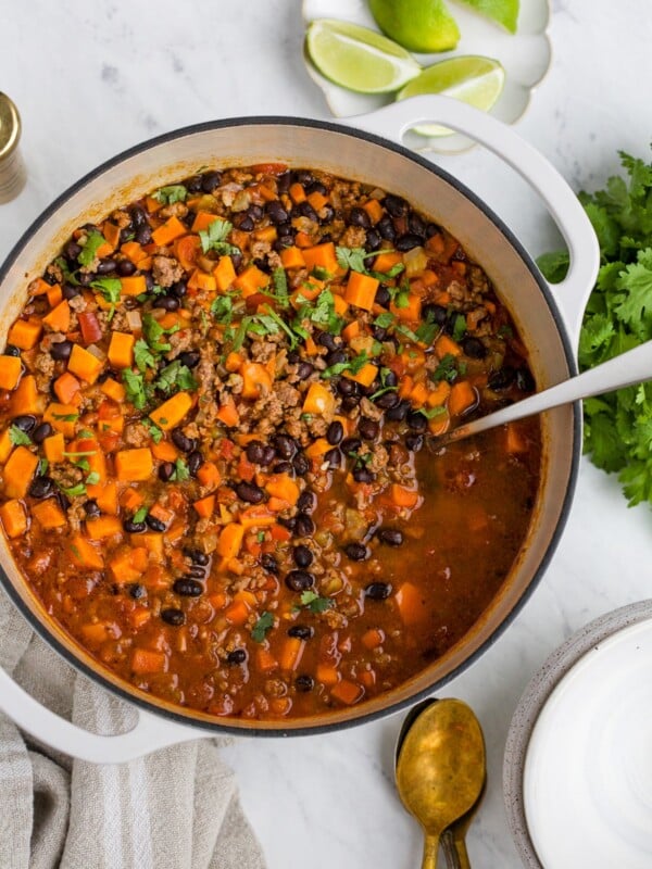 Overhead view of a pot containing sweet potato chili