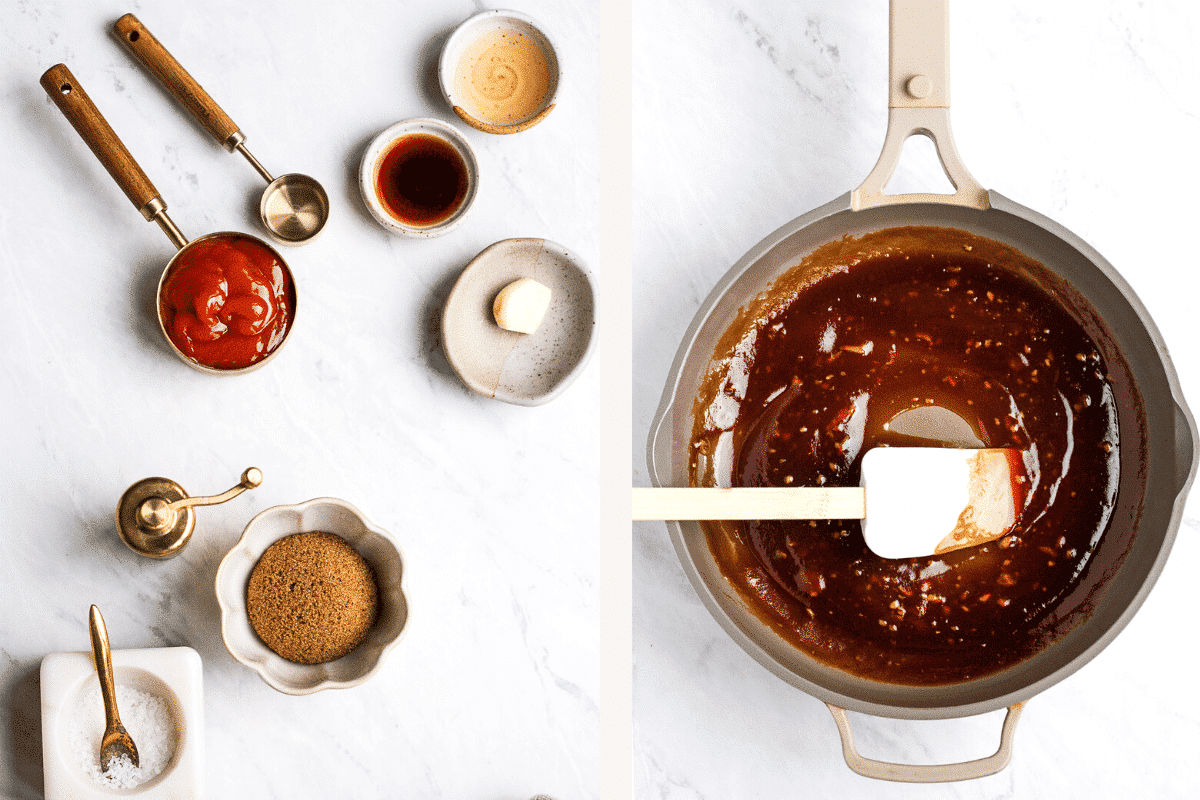 photo side by side of the ingredients to make the sauce and the sauce in a skillet
