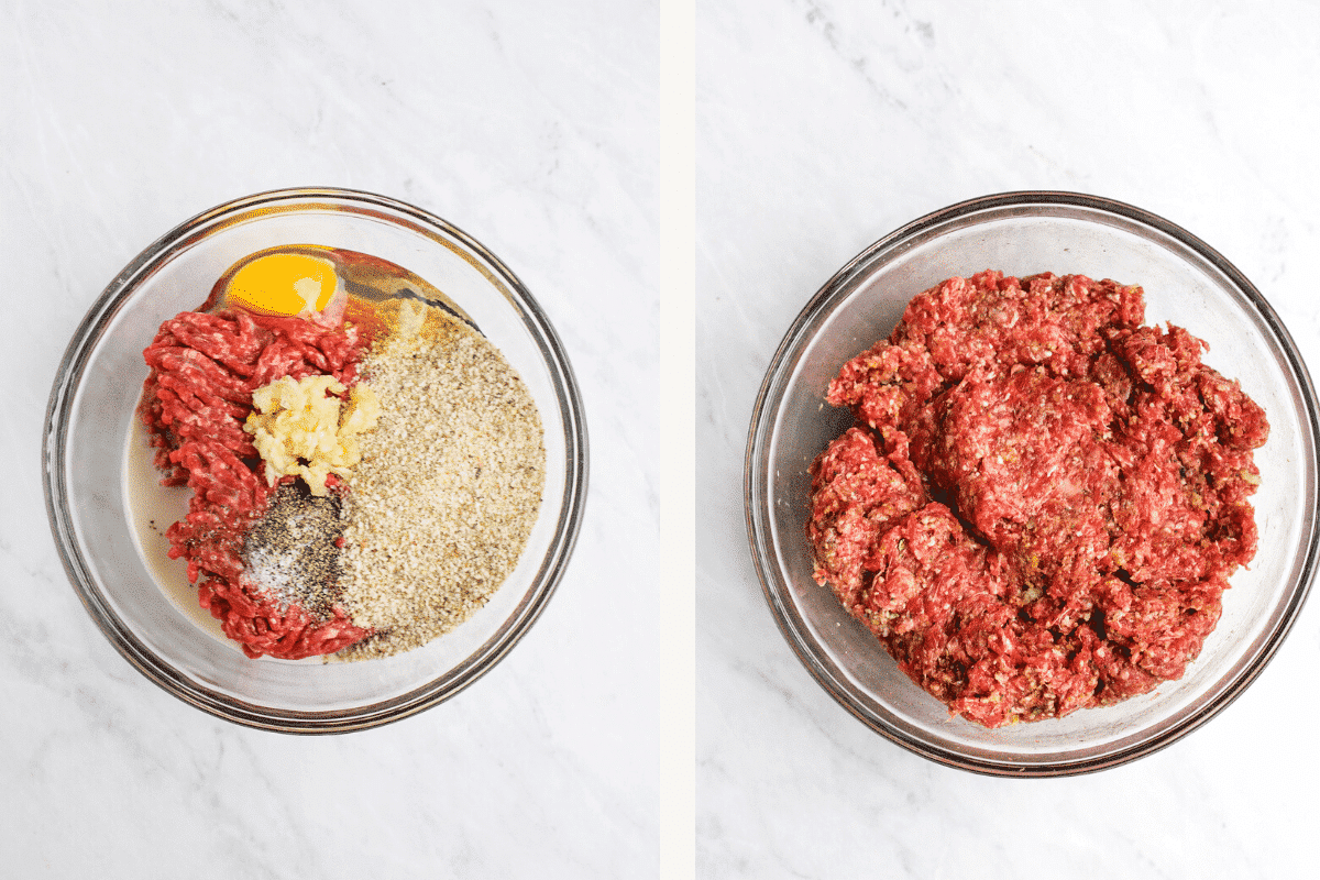 photo side by side of all the ingredients to make meatballs