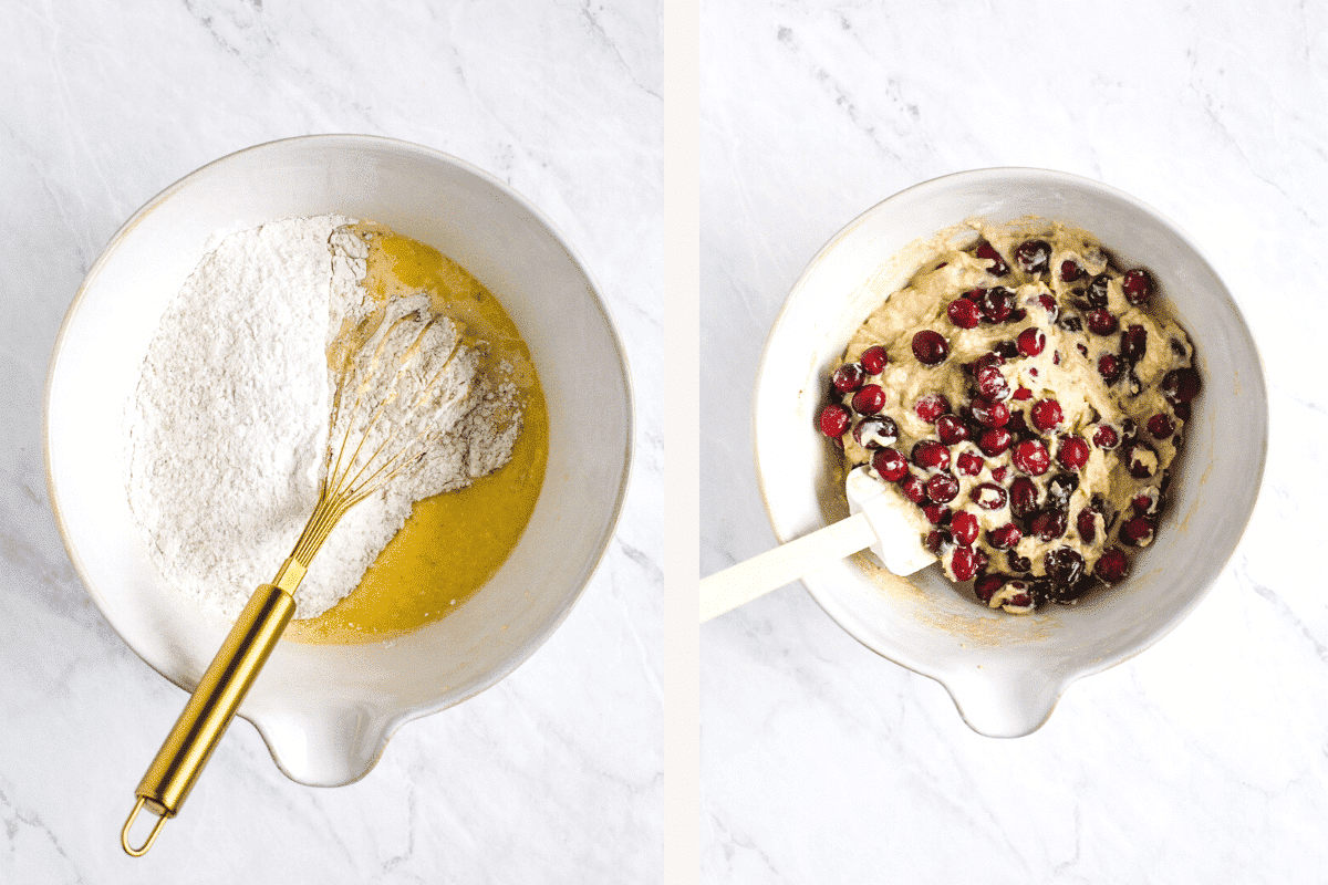 Left: wet and dry ingredients in one bowl. Right: cranberries folded into batter.
