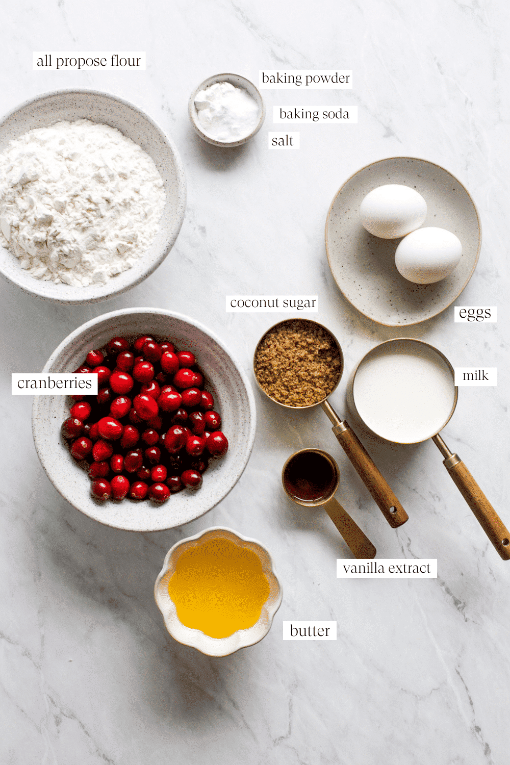 Ingredients for cranberry muffins.