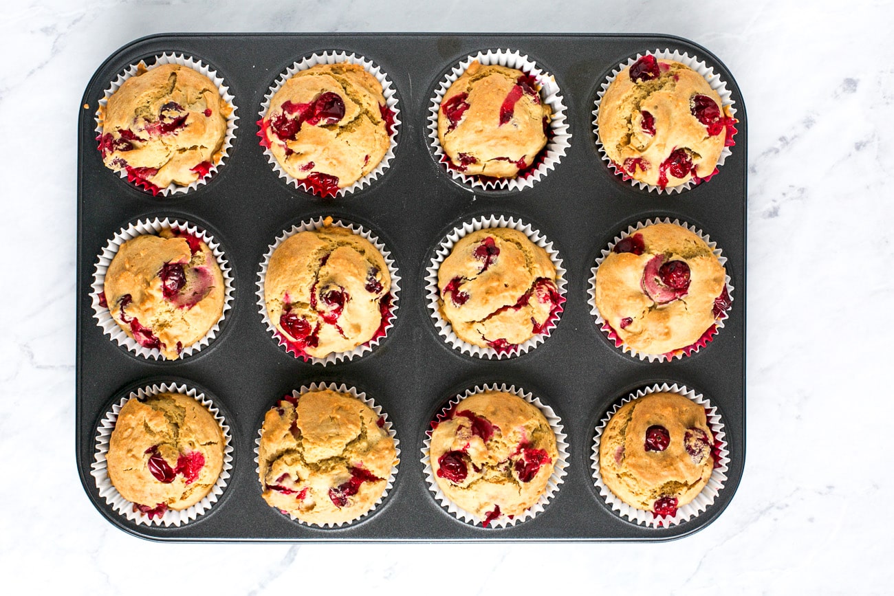 Baked muffins still in pan. 