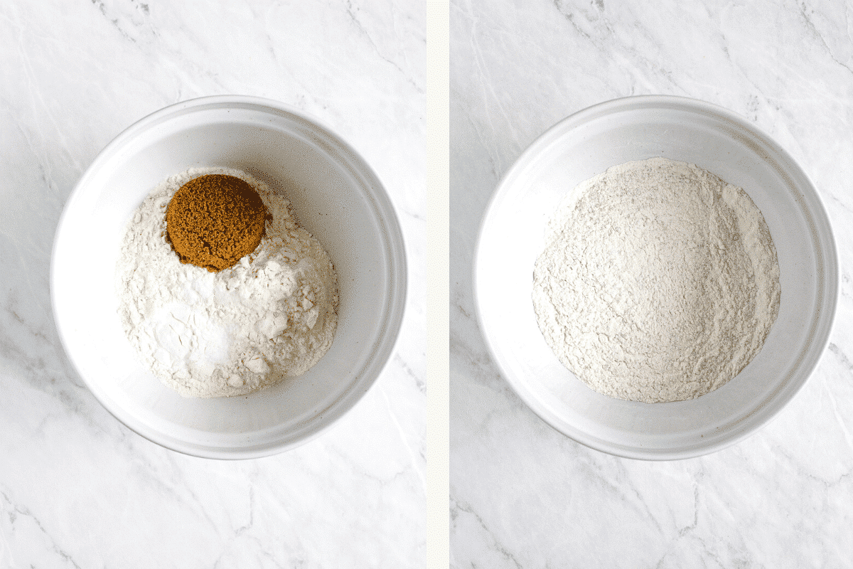 Left: dry ingredients in bowl. Right: dry ingredients mixed together in bowl. 