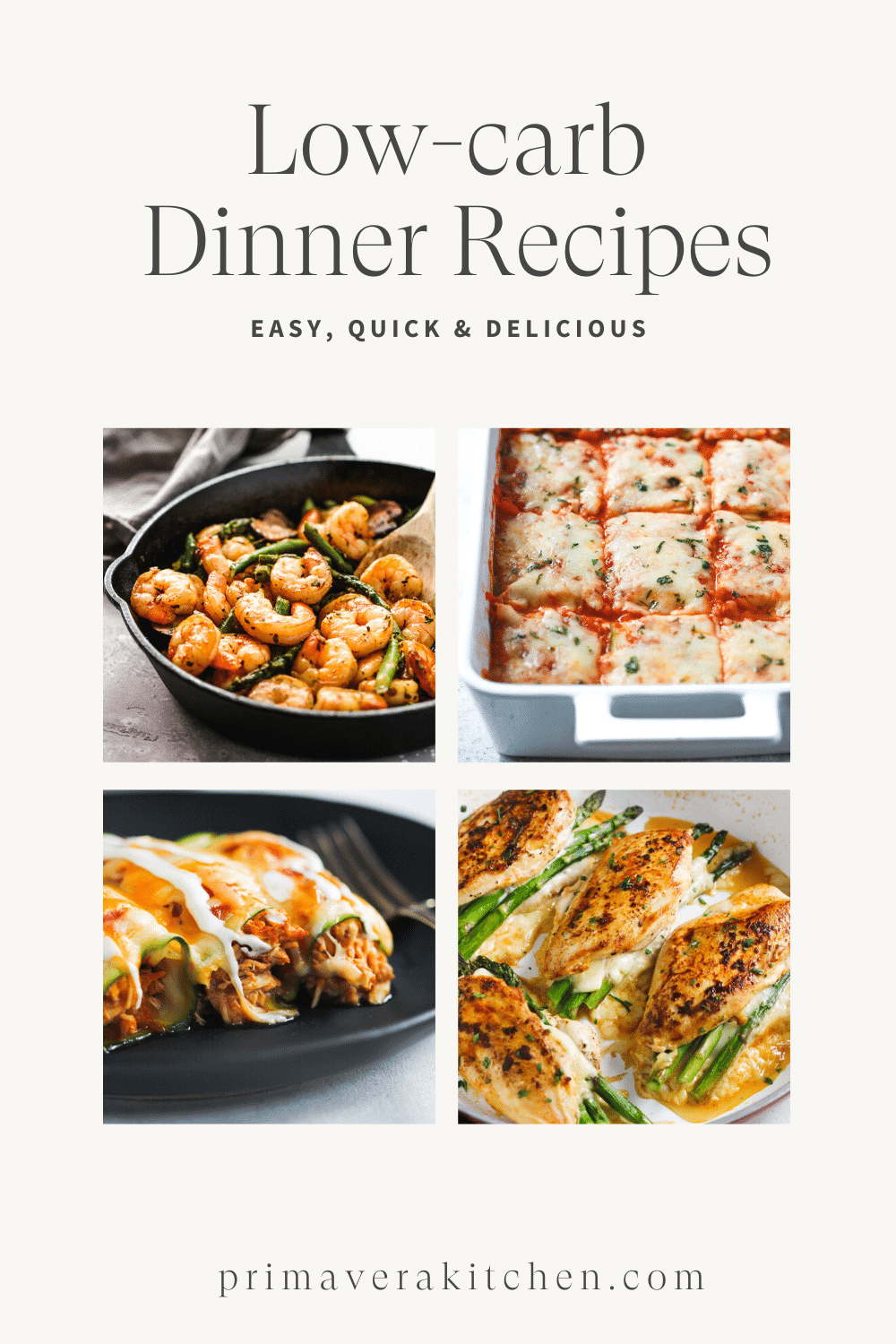 Titled Photo Collage (and shown): Low-carb Dinner Recipes.