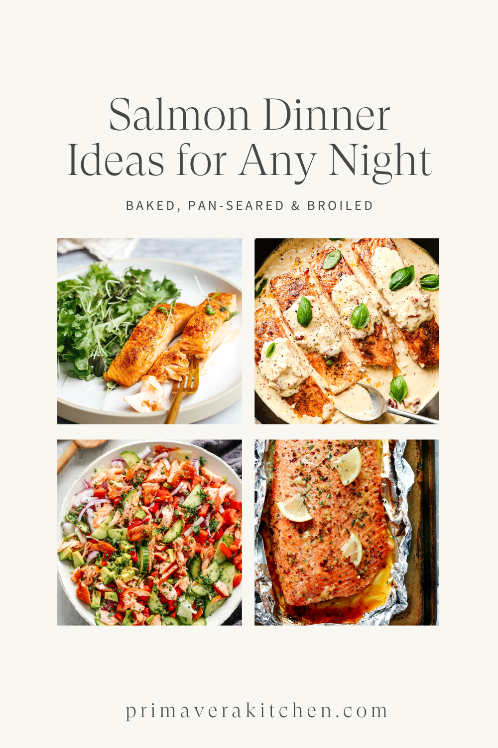 A collage of food, including easy salmon recipes, features on this vibrant book cover.