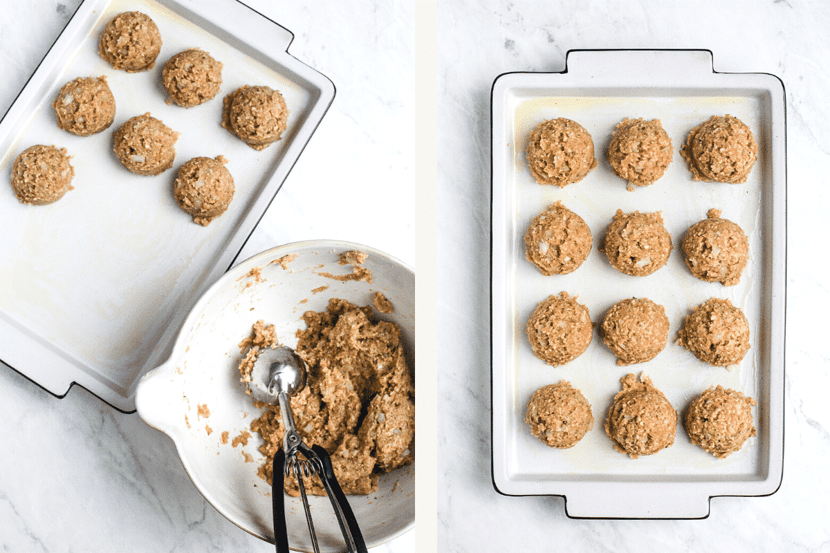 Left: using cookie scoop to form meatballs. Right: meatballs lined on baking sheet. 