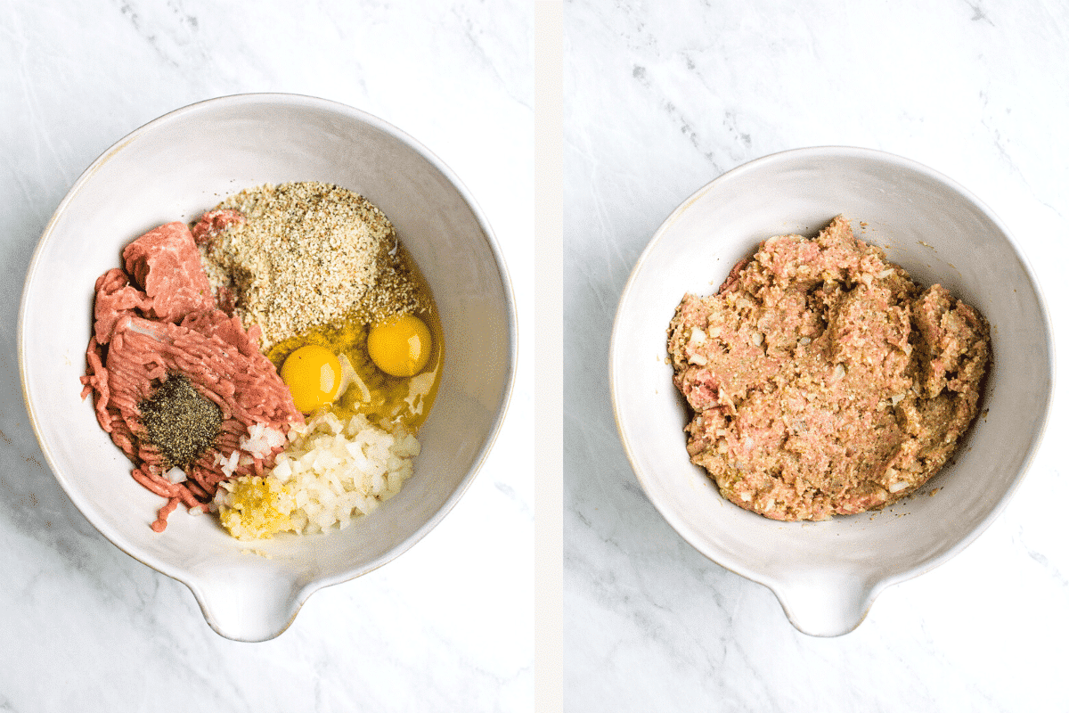Left: meatball ingredients measured into bowl. Right: meatball ingredients all mixed up.