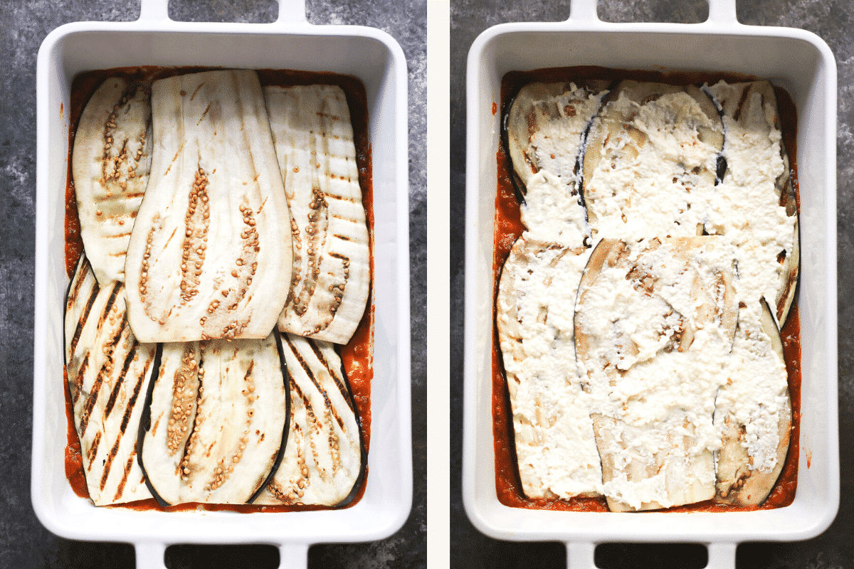 Left: eggplant slices atop sauce in baking dish. Right: eggplant covered in cheese mixture.