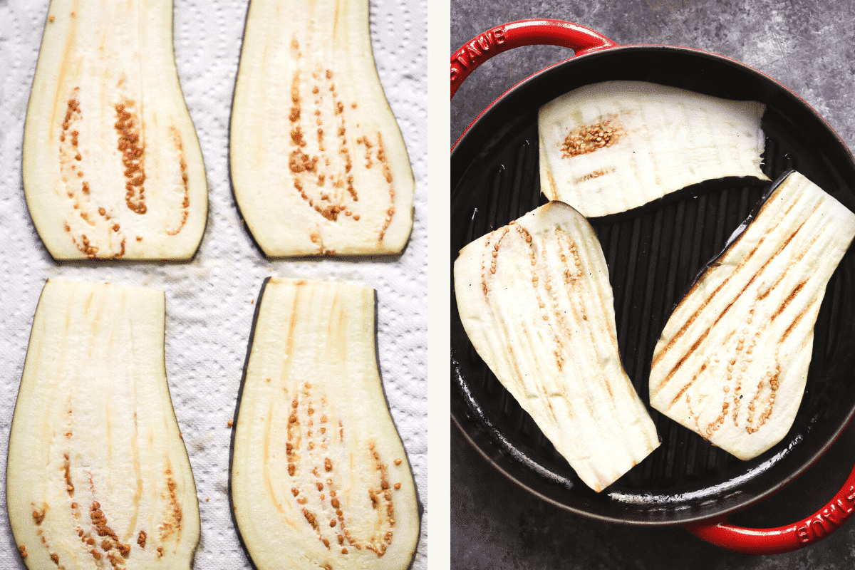 Left: eggplant slices on a paper towel. Right: grilling eggplant slices.