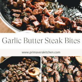 Titled Photo Collage (and shown): Garlic Butter Steak Bites