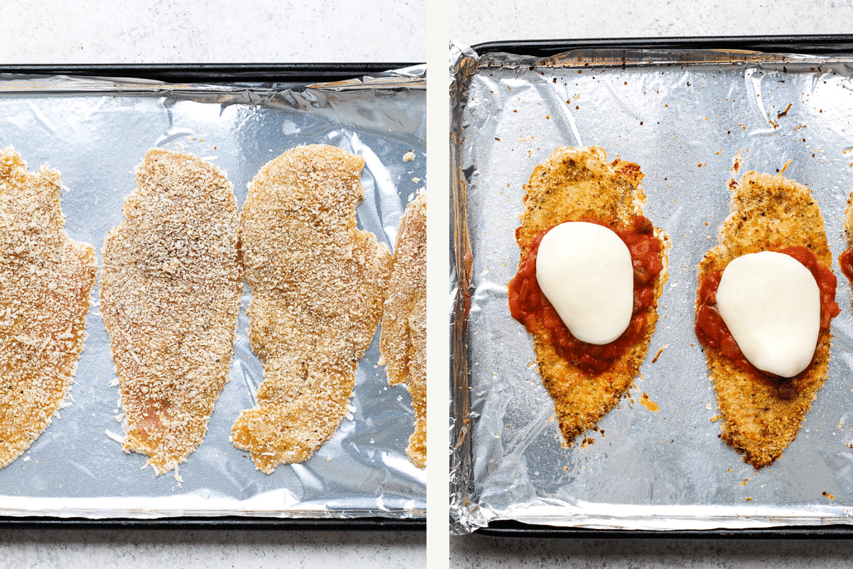 Left: breaded chicken on baking sheet. Right: baked chicken covered in tomato sauce and mozzarella.