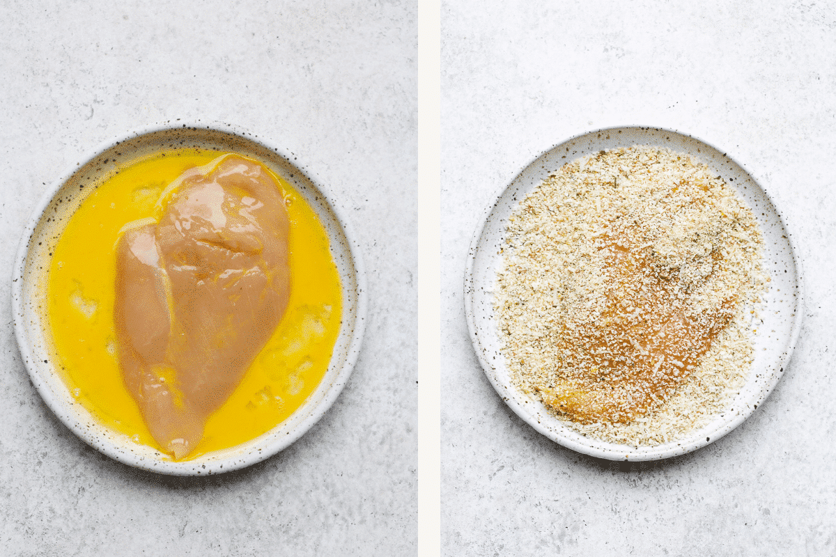 Left: dipping chicken in whisked egg. Right: covering chicken in breadcrumbs.