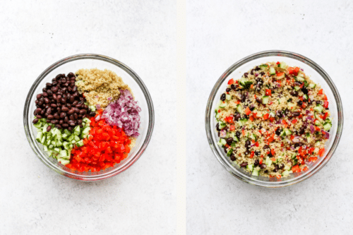 Left: salad ingredients measured into bowl. Right: Salad ingredients mixed up in bowl.