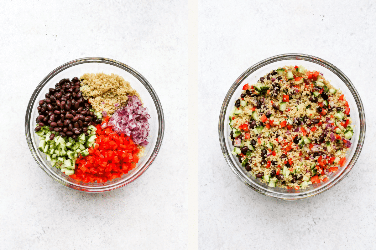 Left: salad ingredients measured into bowl. Right: Salad ingredients mixed up in bowl. 