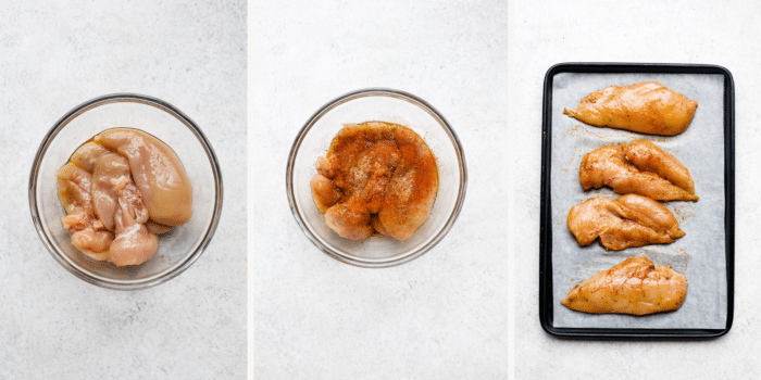 Left: chicken and oil in bowl. Middle: seasonings added. Right: chicken on baking sheet.