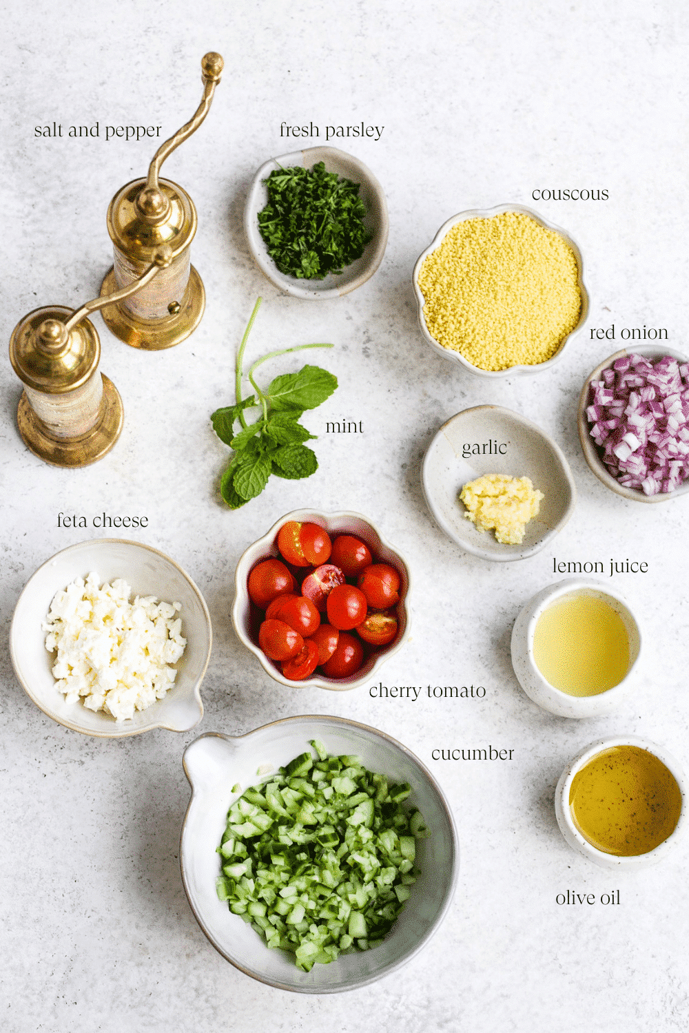 overhead view of all the ingredients for the couscous salad.