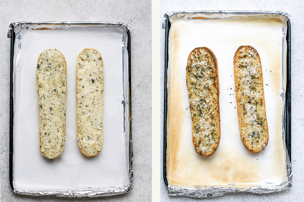 Left: baguette cut in half and buttered. Right: baked garlic bread with garnish added.