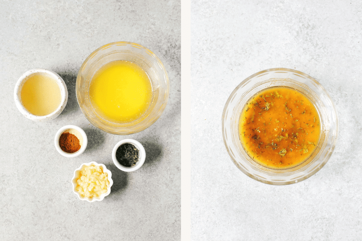 side by side photos of ingredients for garlic butter sauce separated and mixed together