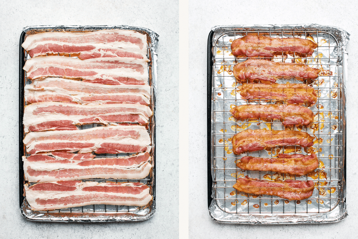 Left: raw bacon on wire rack. Right: cooked bacon on wire rack.