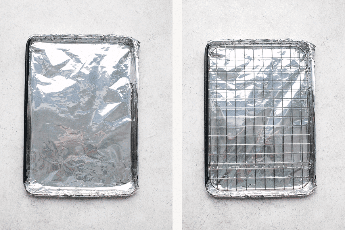 Left: foil lined baking sheet. Right: foil lined baking sheet with wire rack.