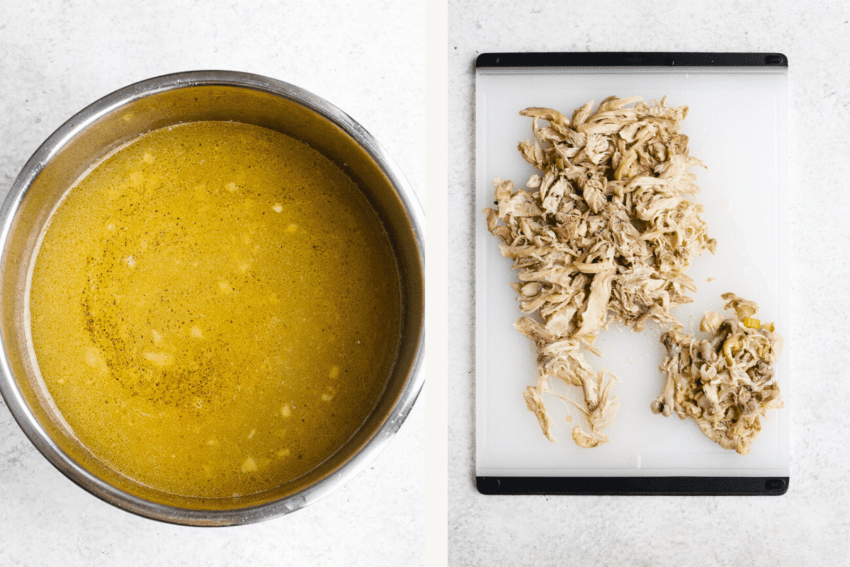 Left: broth, veggies, seasonings and chicken thighs in Instant Pot. Right: shredding chicken. 