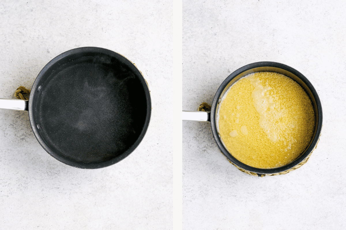 Left: hot water in saucepan. Right: couscous added to hot water in saucepan.