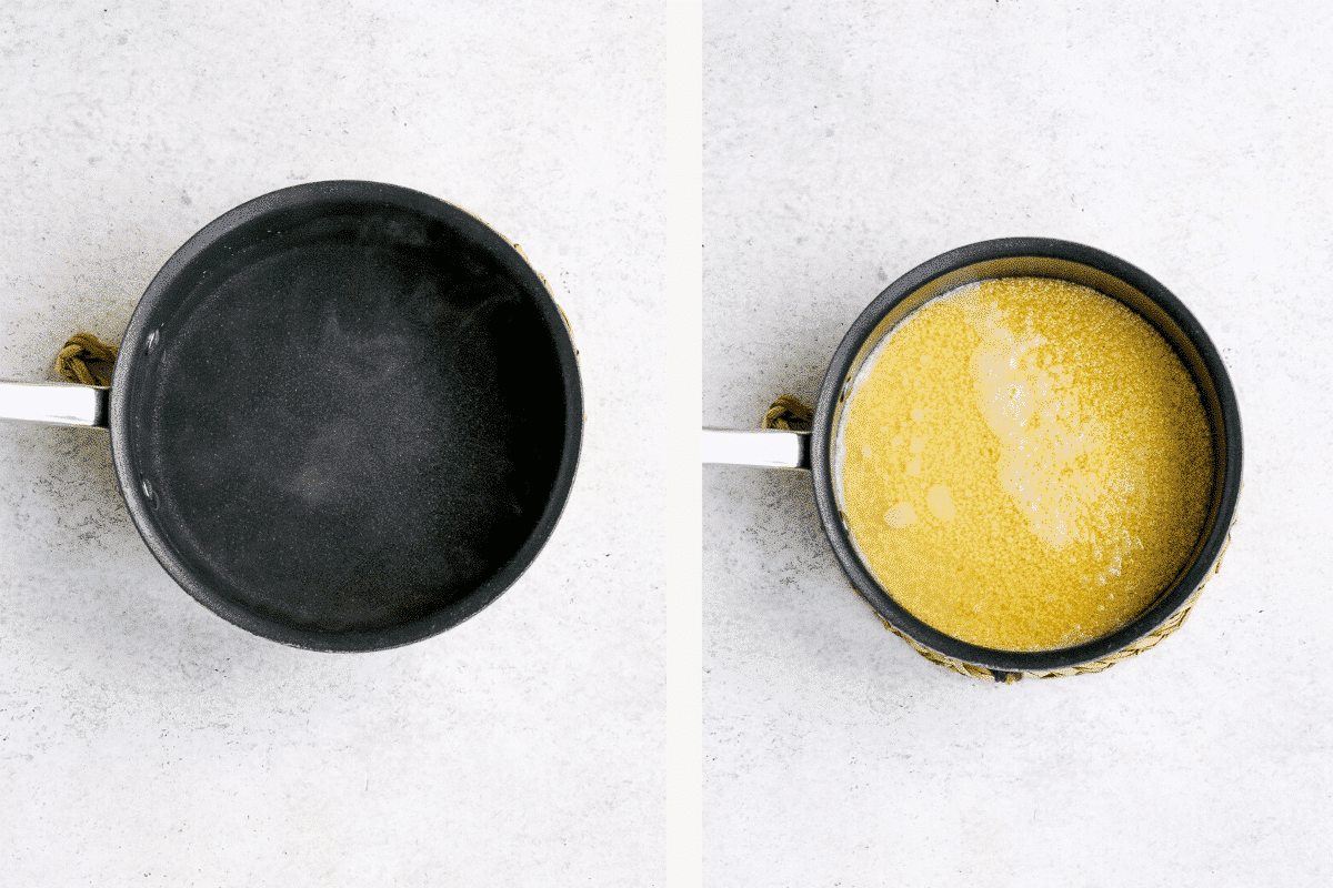 Left: saucepan full of hot water. Right: couscous added to hot water in saucepan. 