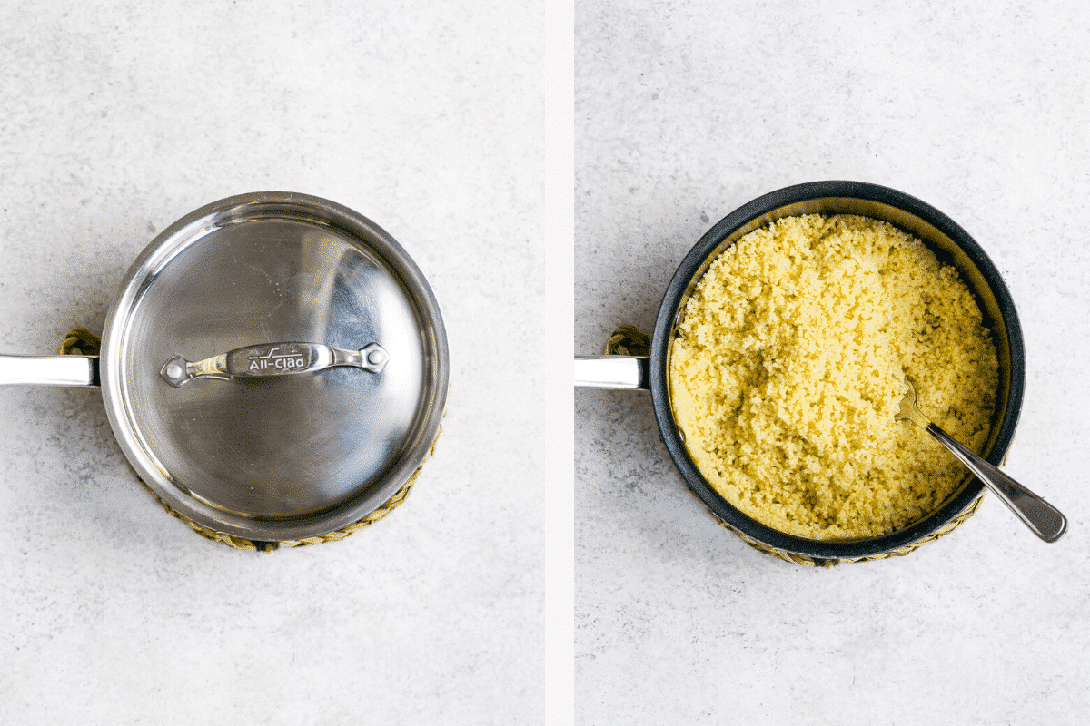 Left: lid on saucepan. Right: fluffing cooked couscous with a fork. 