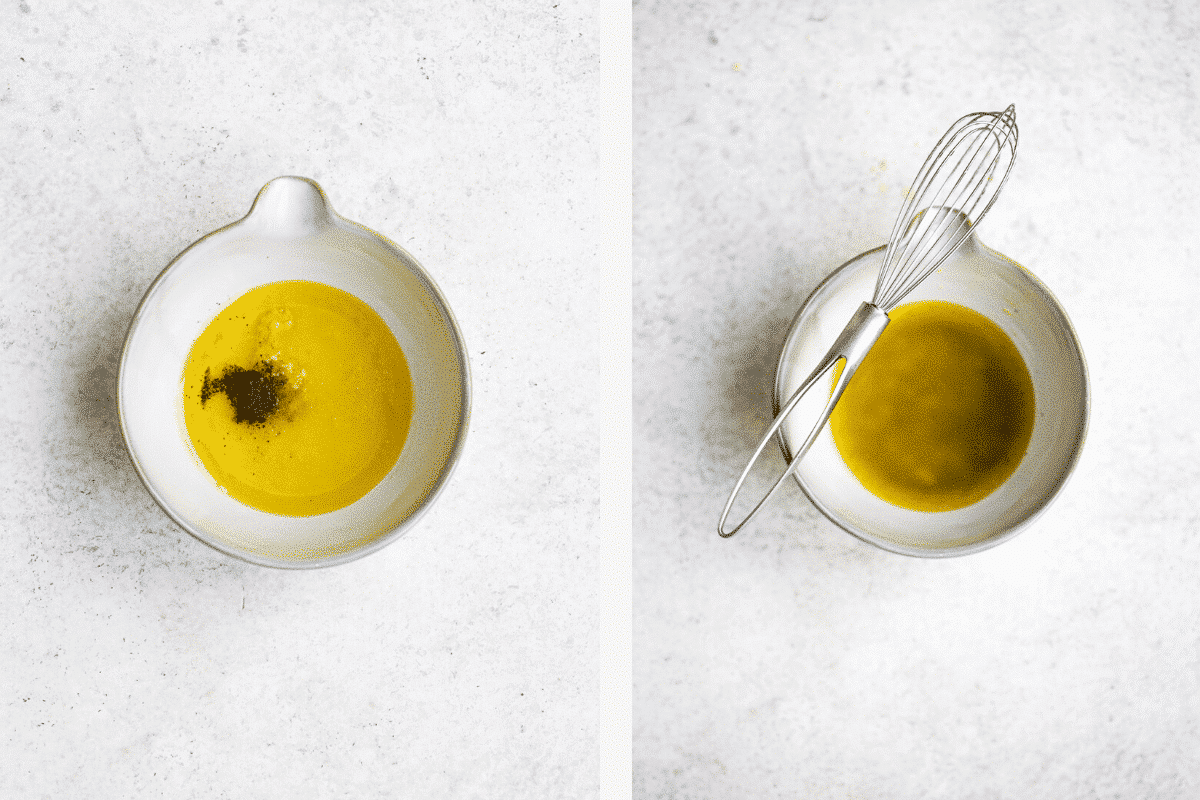 Left: dressing ingredients measured into a bowl. Right: dressing ingredients whisked together in bowl.