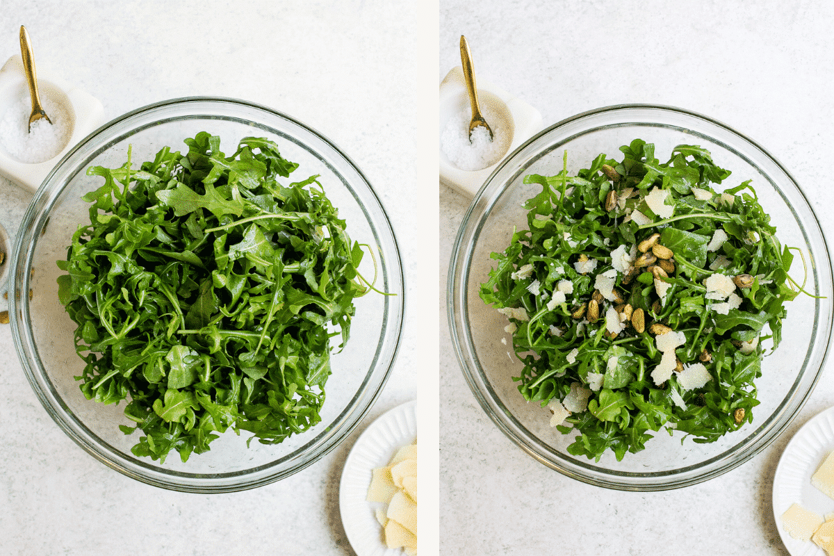 Left: arugula in bowl. Right: arugula salad in glass bowl. 