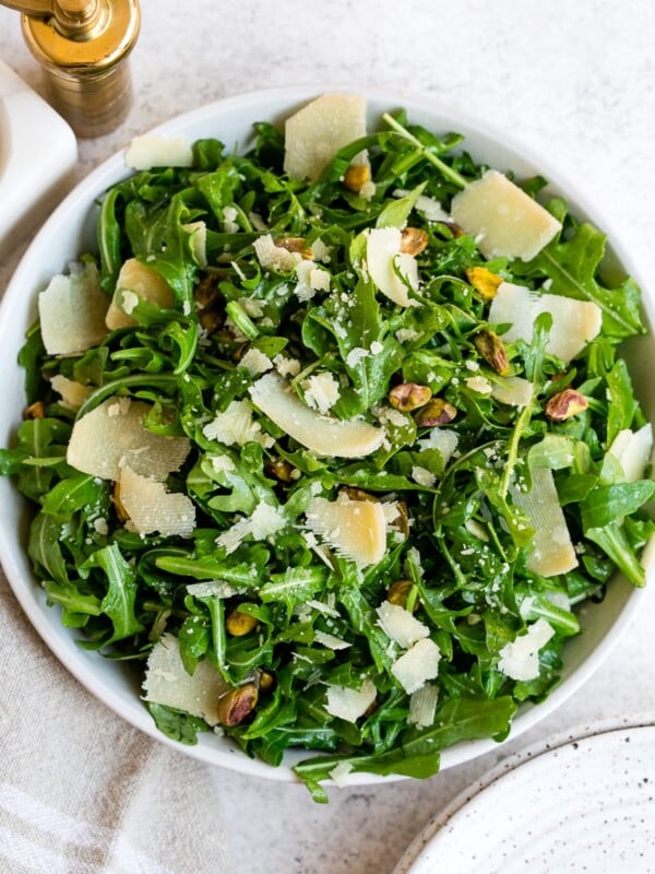 overhead view of arugula salad.