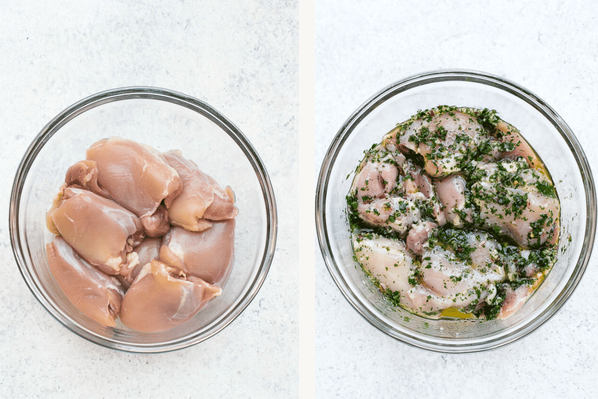 Left: chicken in bowl. Right: chicken marinating in chimichurri sauce in bowl. 