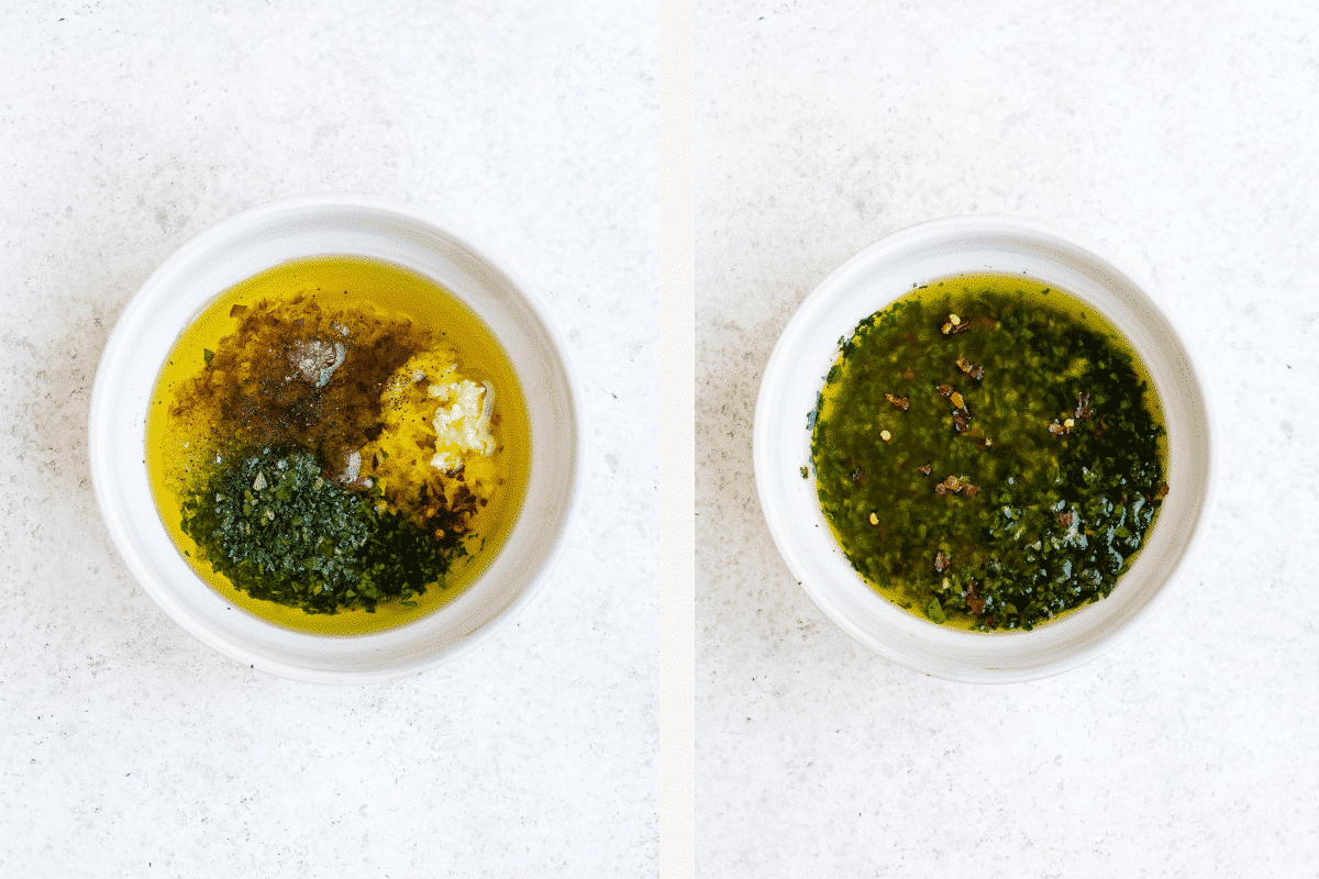 Left: sauce ingredients measured into bowl. Right: sauce mixed up in bowl. 