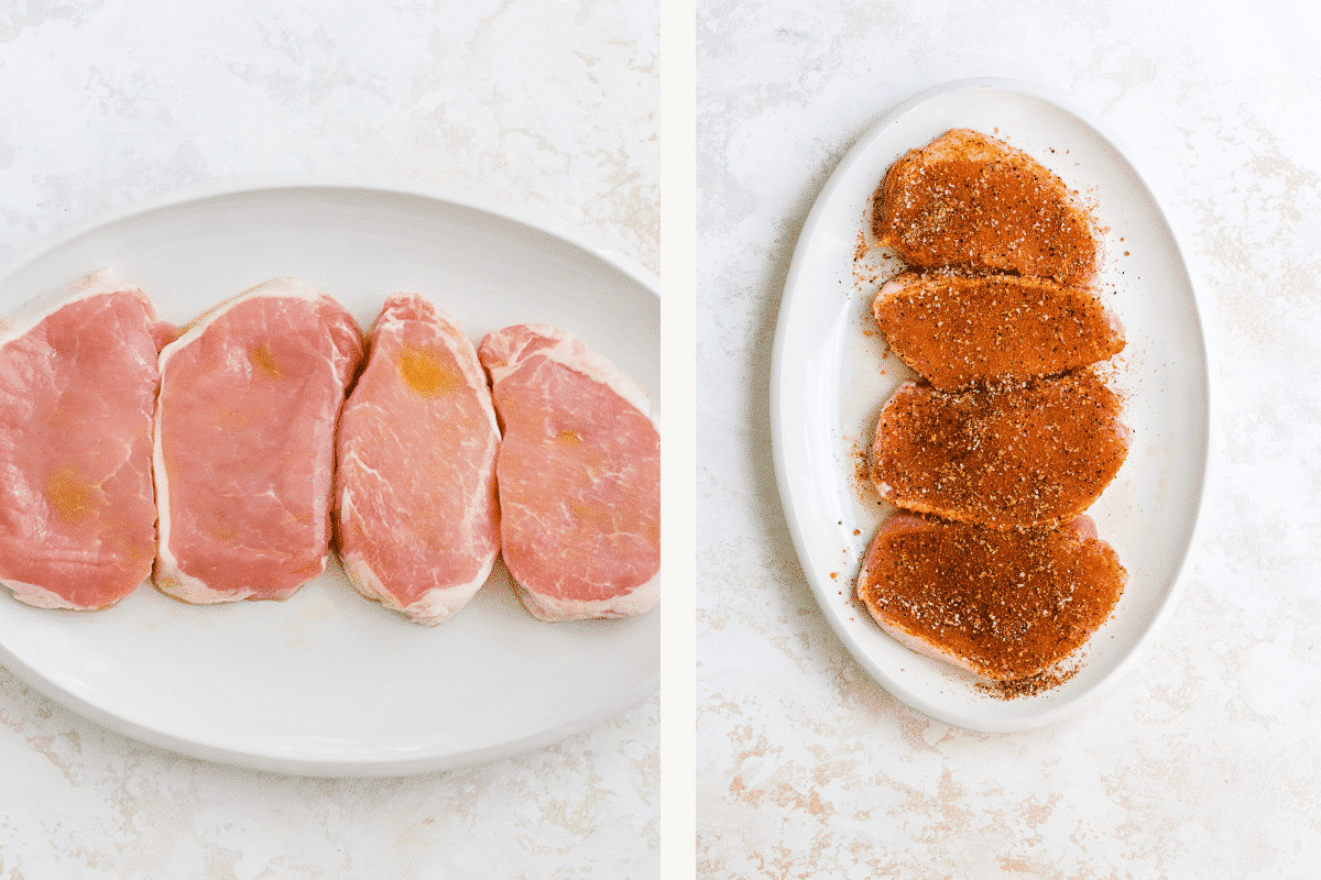 Left: pork chops brushed with olive oil. Right: seasoned pork chops.
