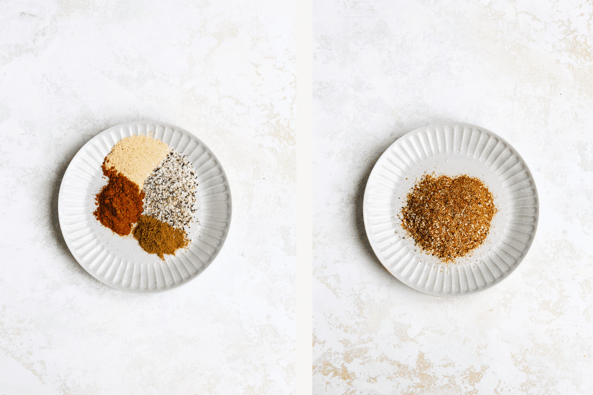 Left: seasonings measured into a bowl. Right: seasonings mixed up in bowl. 