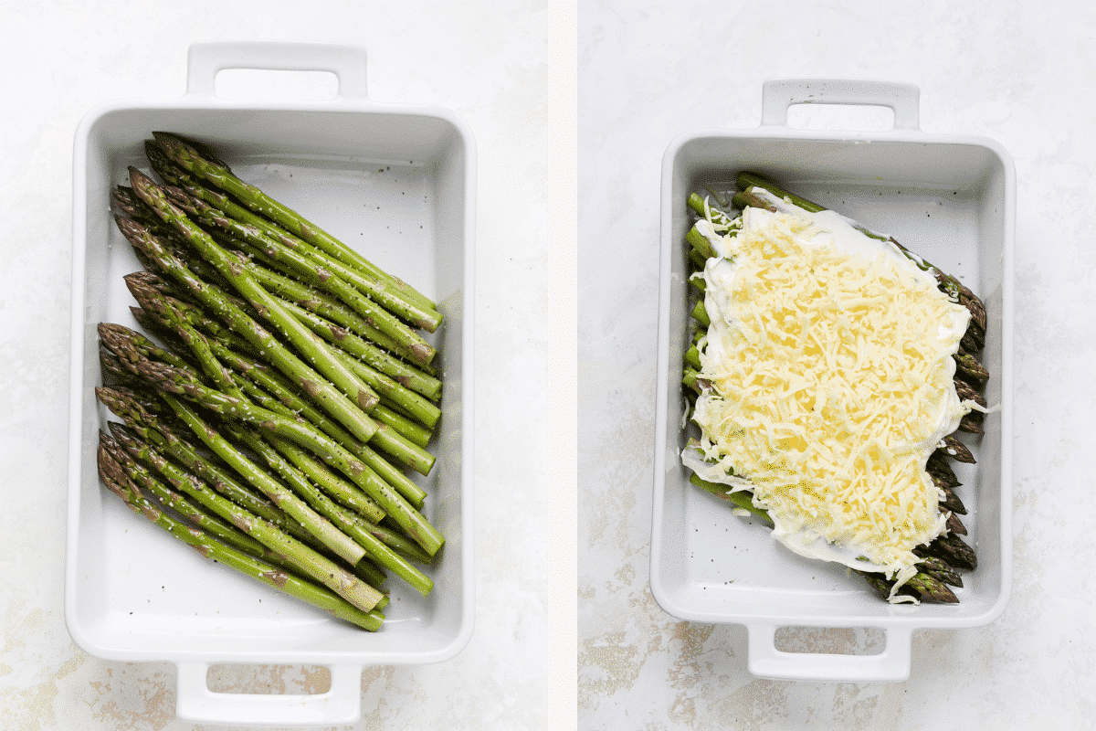 Left: seasoned asparagus. Right: Asparagus covered in creamy sauce and cheese. 