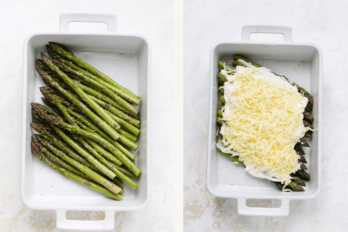 Left: seasoned asparagus. Right: Asparagus covered in creamy sauce and cheese.